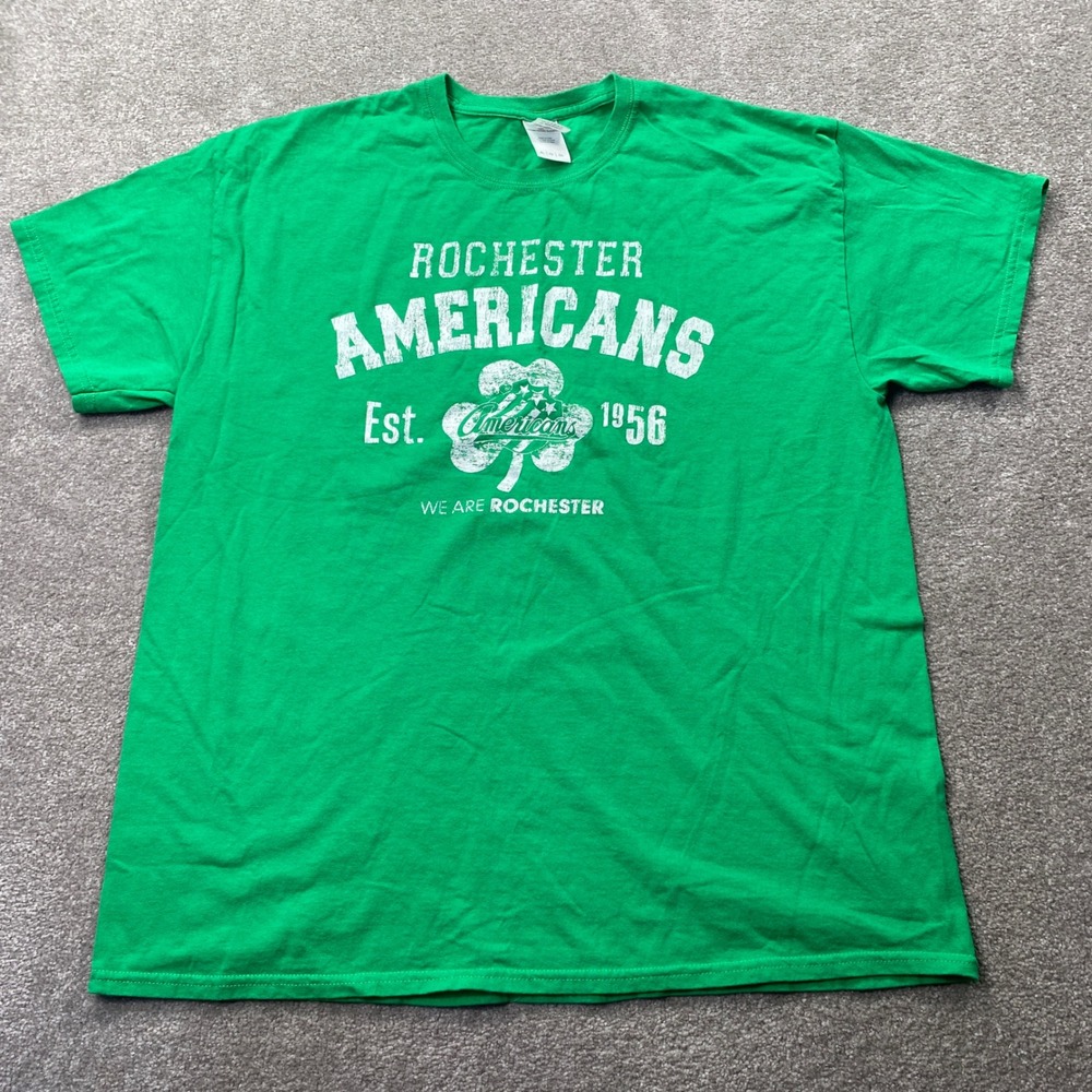 Gildan Rochester Americans T-Shirt Mens XL Green Shamrock Hockey Graphic Tee